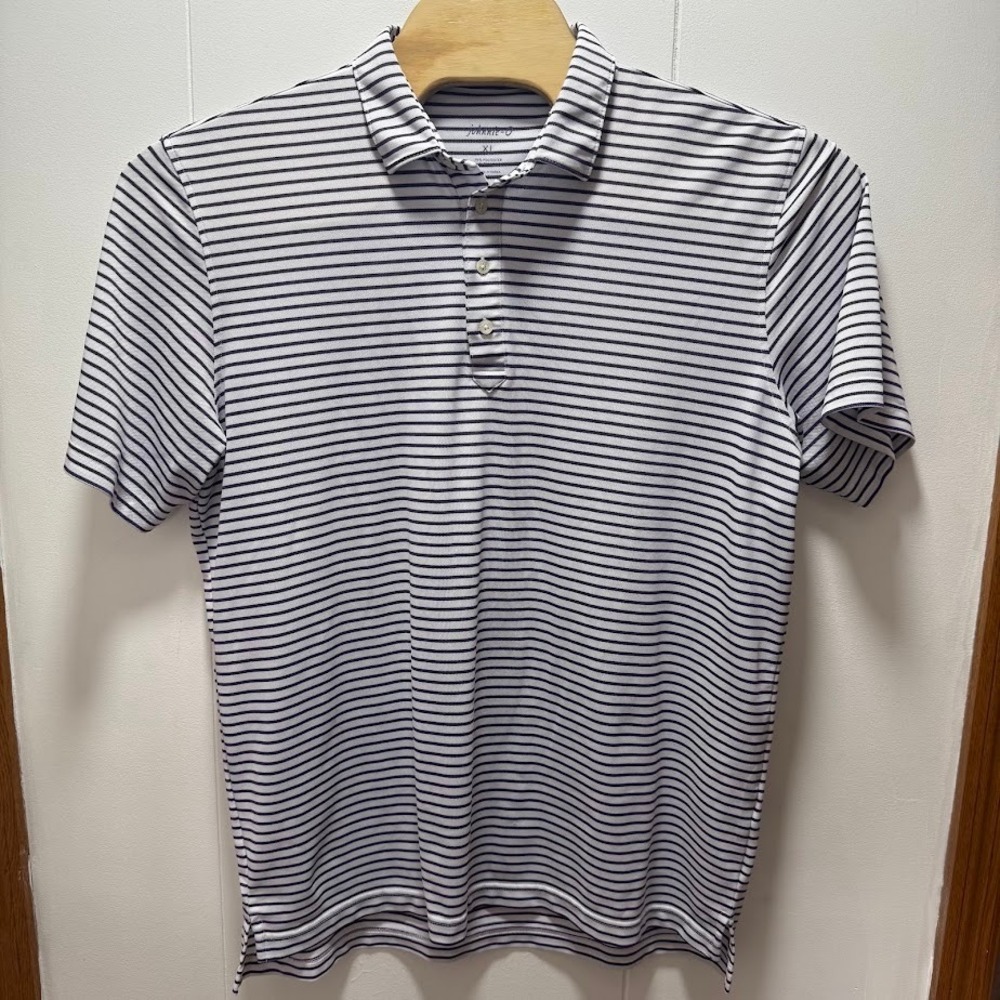 Johnnie-O Mens XL‎ Performance Polo Shirt Purple White Striped Short Sleeve Golf